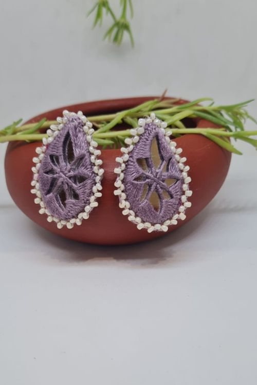 Antarang, Pan Purple Stud Mirror Earings, 100% Cotton, Handmade By Divyang Rural Women