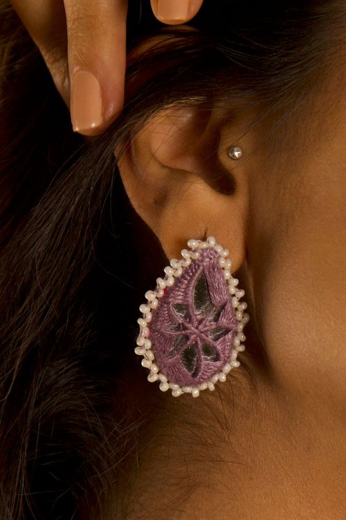 Antarang, Pan Purple Stud Mirror Earings, 100% Cotton, Handmade By Divyang Rural Women