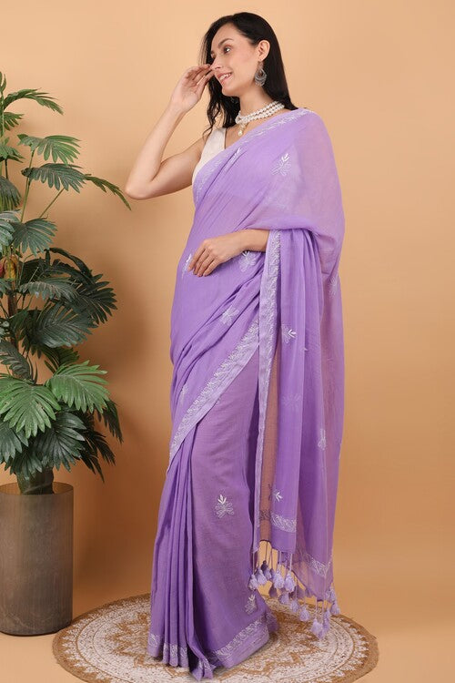 Shwet Women Purple Hand Embroidered Chikankari  Mulmul Saree