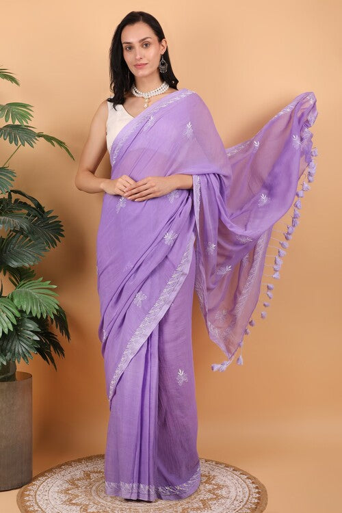 Shwet Women Purple Hand Embroidered Chikankari  Mulmul Saree