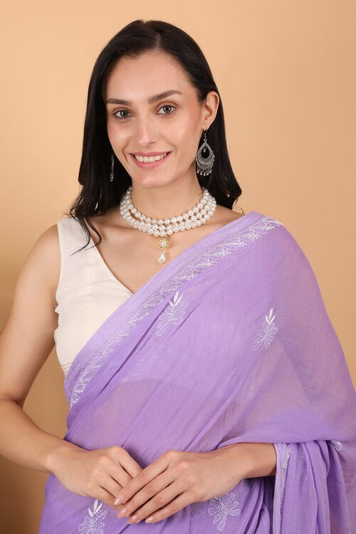 Shwet Women Purple Hand Embroidered Chikankari  Mulmul Saree