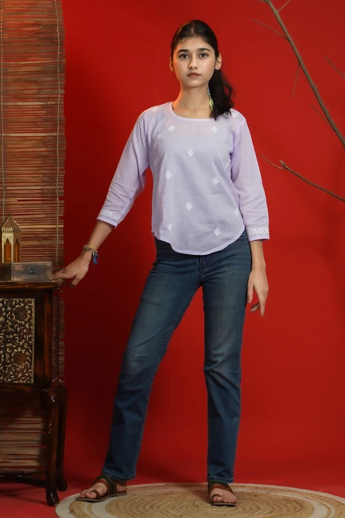 Shwet Women Hand Embroidered "Pastel Poise" Lavendar Short Top