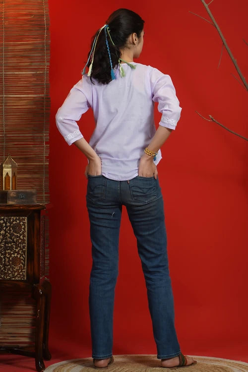 Shwet Women Hand Embroidered "Pastel Poise" Lavendar Short Top