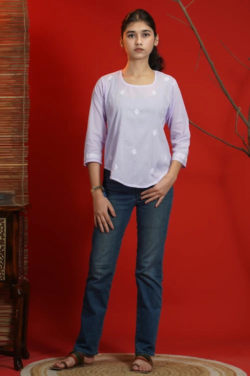 Shwet Women Hand Embroidered "Pastel Poise" Lavendar Short Top