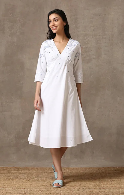 Okhai 'Musical Monsoon' Pure Cotton Hand Embroidered Mirror Work Dress