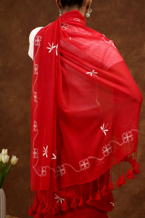 Shwet Red Hand Embroidered Chikankari Mulmul Saree