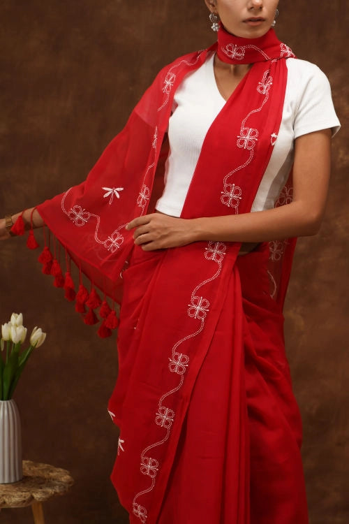 Shwet Red Hand Embroidered Chikankari Mulmul Saree