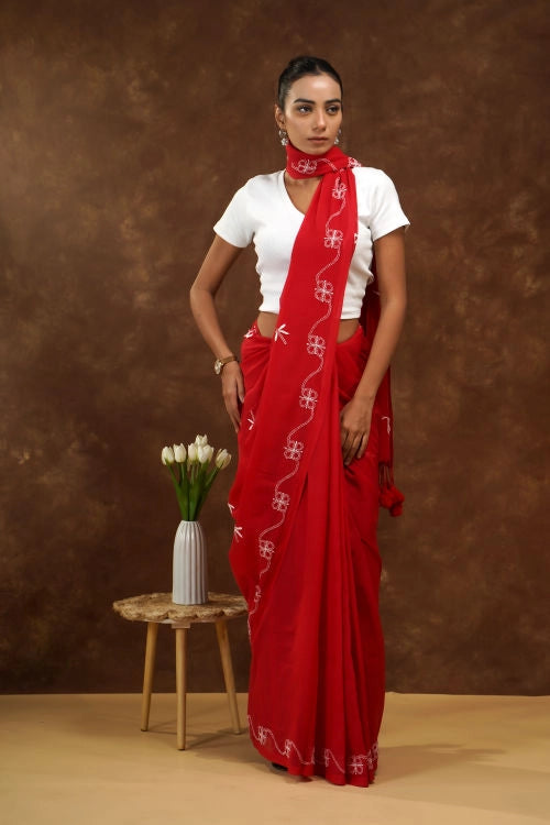 Shwet Red Hand Embroidered Chikankari Mulmul Saree