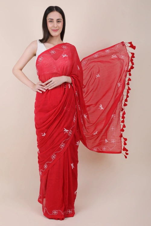 Shwet Red Hand Embroidered Chikankari Mulmul Saree