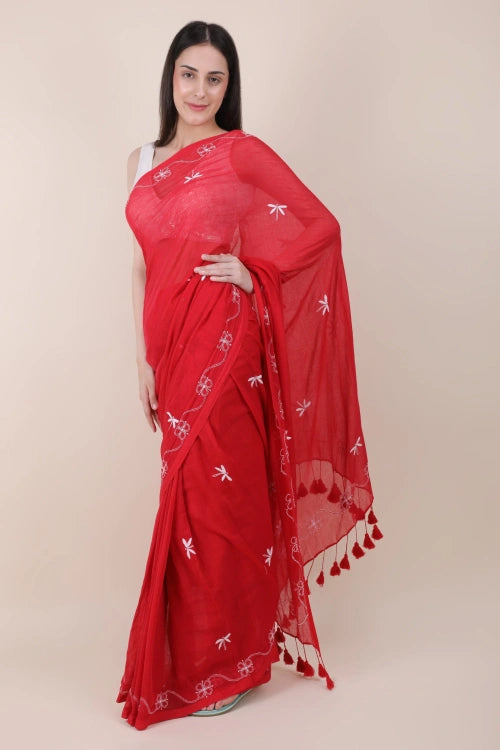 Shwet Red Hand Embroidered Chikankari Mulmul Saree