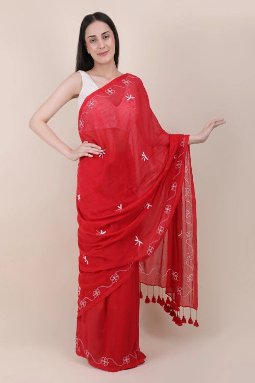 Shwet Red Hand Embroidered Chikankari Mulmul Saree