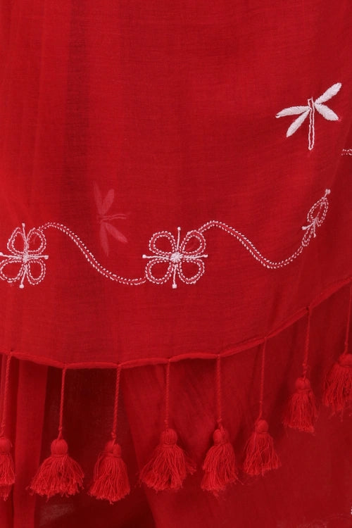 Shwet Red Hand Embroidered Chikankari Mulmul Saree