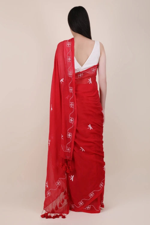 Shwet Red Hand Embroidered Chikankari Mulmul Saree