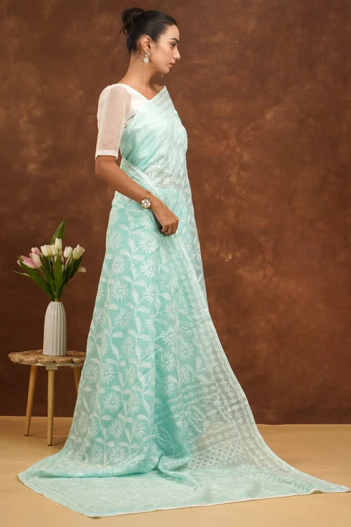 Shwet Women Hand Embroidered Sea Blue Kota Cotton Chikankari Saree