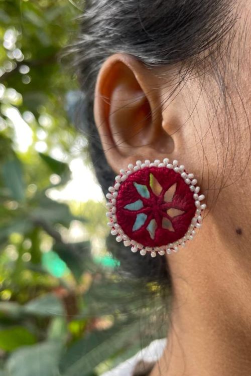 Antarang, Maroon Stud Earring Earings, 100% Cotton, Handmade By Divyang Rural Women