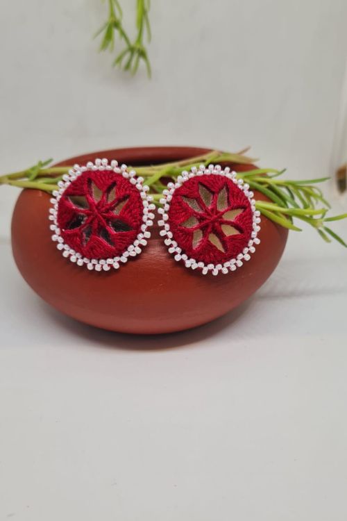 Antarang, Maroon Stud Earring Earings, 100% Cotton, Handmade By Divyang Rural Women