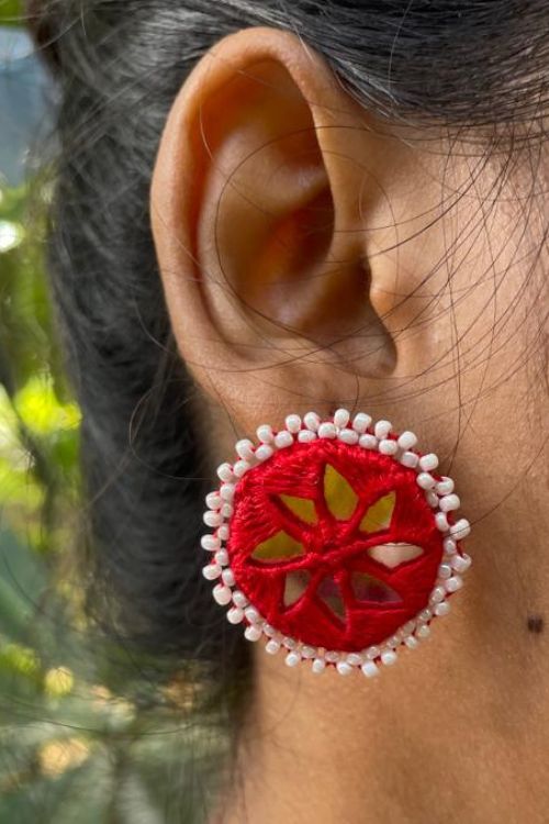 Antarang, Red Stud Mirror Earings, 100% Cotton, Handmade By Divyang Rural Women