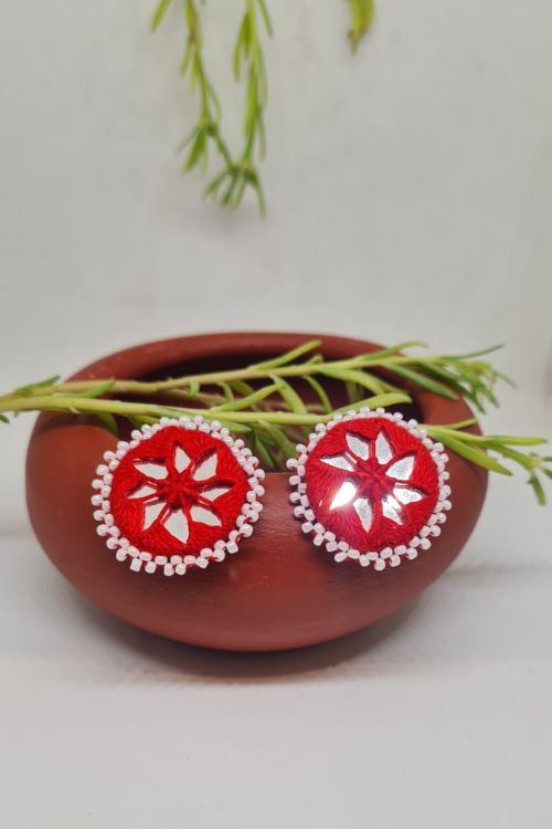 Antarang, Red Stud Mirror Earings, 100% Cotton, Handmade By Divyang Rural Women