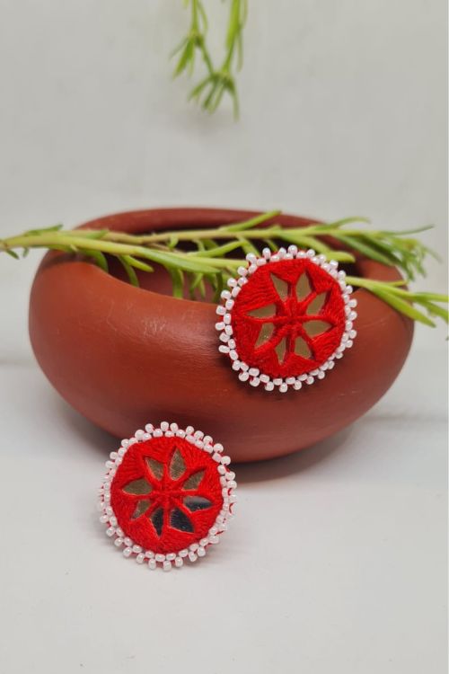 Antarang, Red Stud Mirror Earings, 100% Cotton, Handmade By Divyang Rural Women