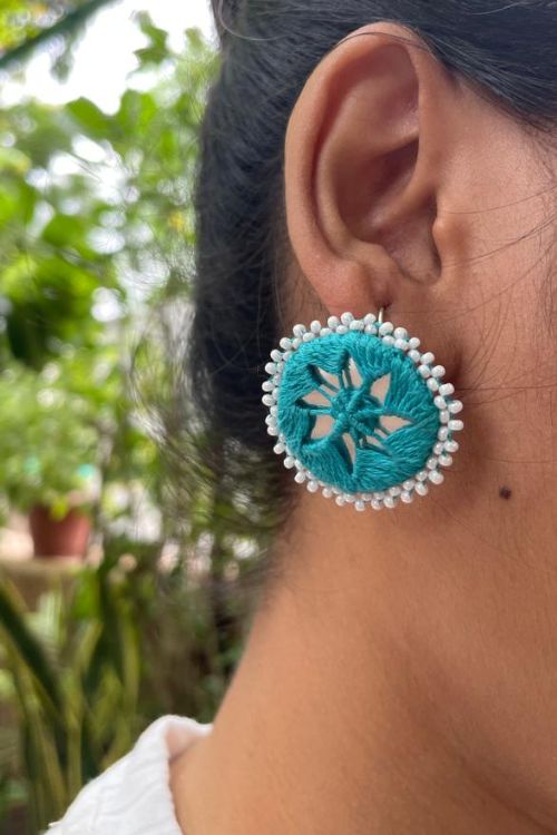 Antarang, Tarkoish Blue Stud Mirror Earings, 100% Cotton, Handmade By Divyang Rural Womentarkoish Blue Stud Earings