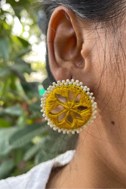 Antarang, Yellow Stud Mirror Earings, 100% Cotton, Handmade By Divyang Rural Women