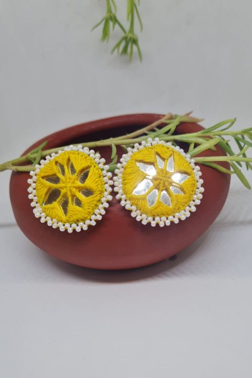 Antarang, Yellow Stud Mirror Earings, 100% Cotton, Handmade By Divyang Rural Women