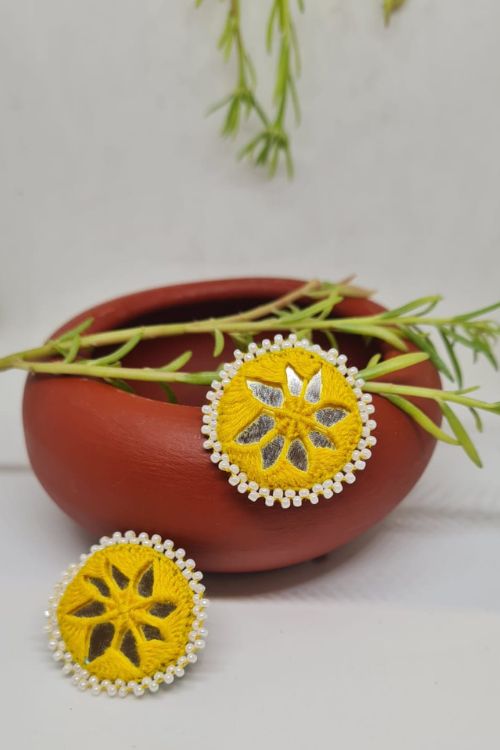 Antarang, Yellow Stud Mirror Earings, 100% Cotton, Handmade By Divyang Rural Women