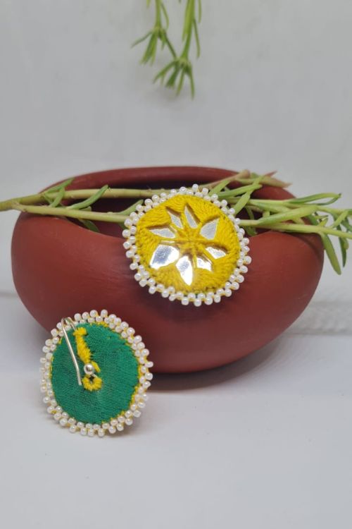 Antarang, Yellow Stud Mirror Earings, 100% Cotton, Handmade By Divyang Rural Women