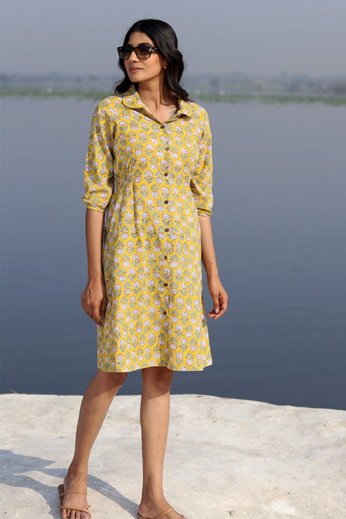 Yellow Meadow Pure Cotton Hand Block Printed Dress For Women Online 