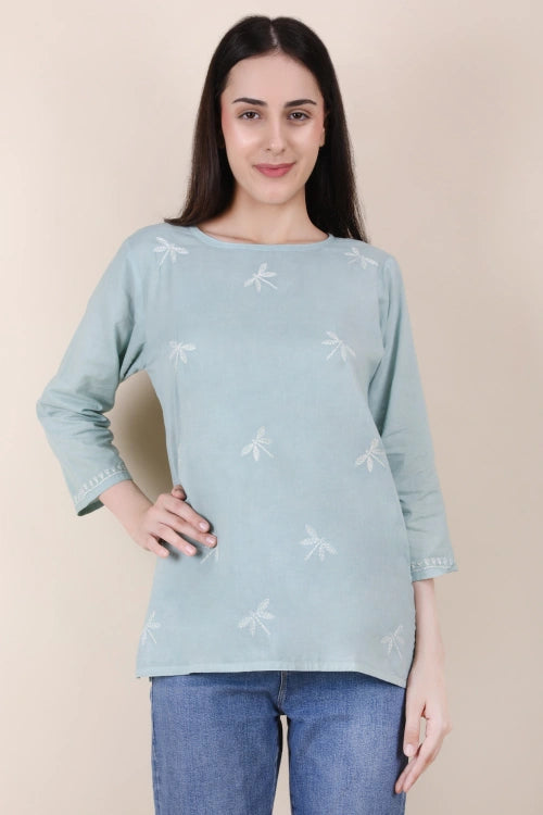 Shwet  Women Hand Embroidered "Pastel Poise" Teal Short Top