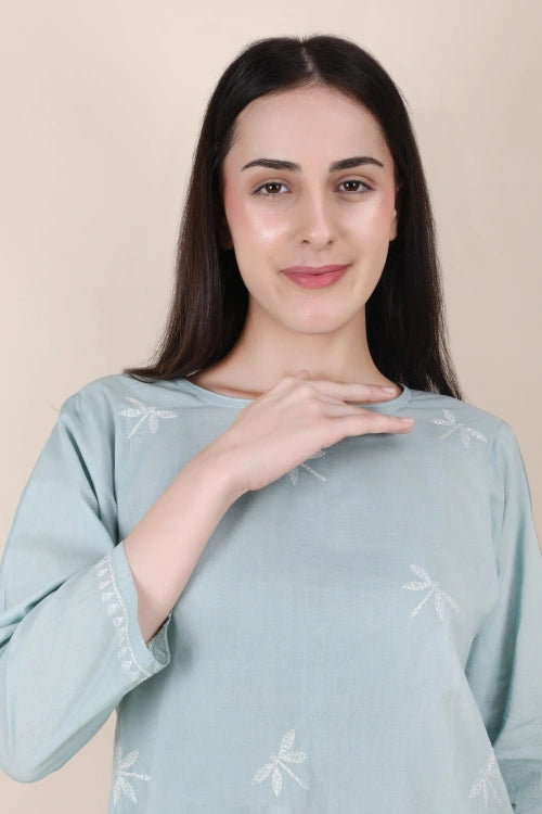 Shwet  Women Hand Embroidered "Pastel Poise" Teal Short Top