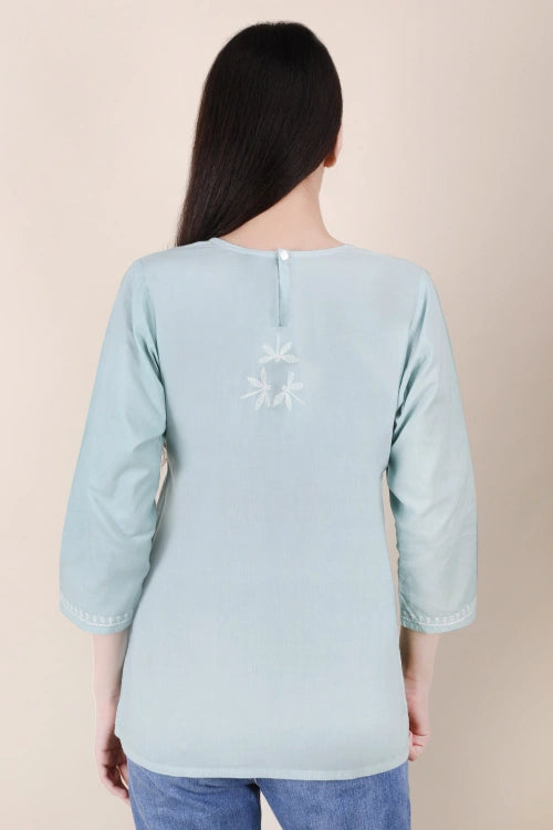 Shwet  Women Hand Embroidered "Pastel Poise" Teal Short Top