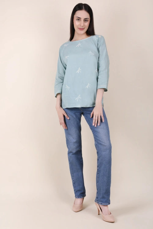 Shwet  Women Hand Embroidered "Pastel Poise" Teal Short Top