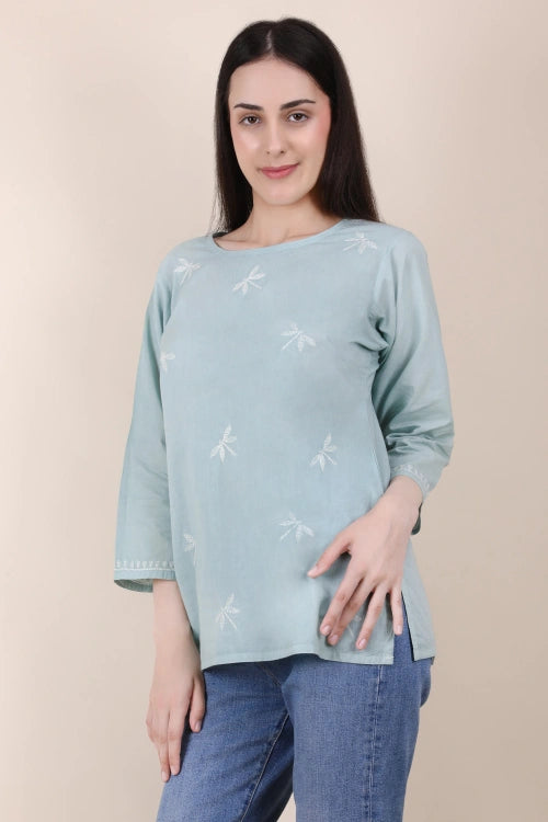 Shwet  Women Hand Embroidered "Pastel Poise" Teal Short Top