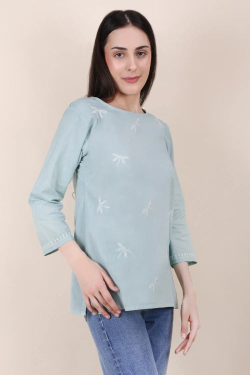 Shwet  Women Hand Embroidered "Pastel Poise" Teal Short Top