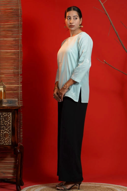 Shwet  Women Hand Embroidered "Pastel Poise" Teal Short Top