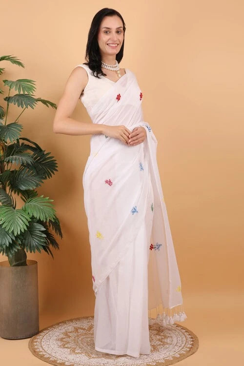 Shwet Women White Hand Embroidered Chikankari  Mulmul Saree
