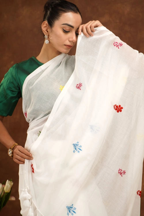 Shwet Women White Hand Embroidered Chikankari  Mulmul Saree