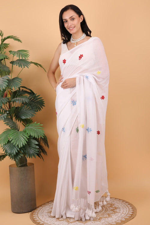 Shwet Women White Hand Embroidered Chikankari  Mulmul Saree