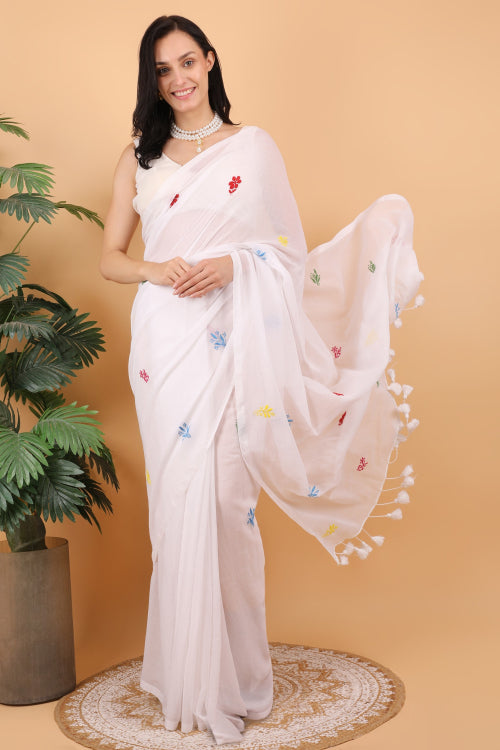 Shwet Women White Hand Embroidered Chikankari  Mulmul Saree