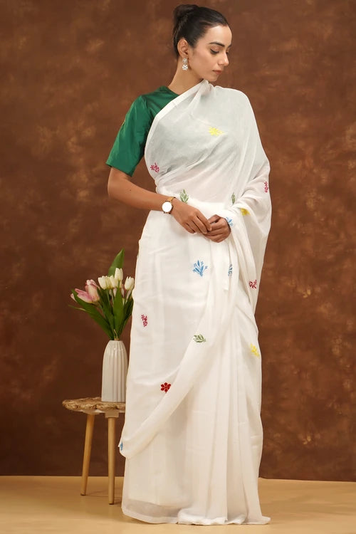Shwet Women White Hand Embroidered Chikankari  Mulmul Saree