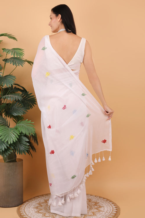 Shwet Women White Hand Embroidered Chikankari  Mulmul Saree