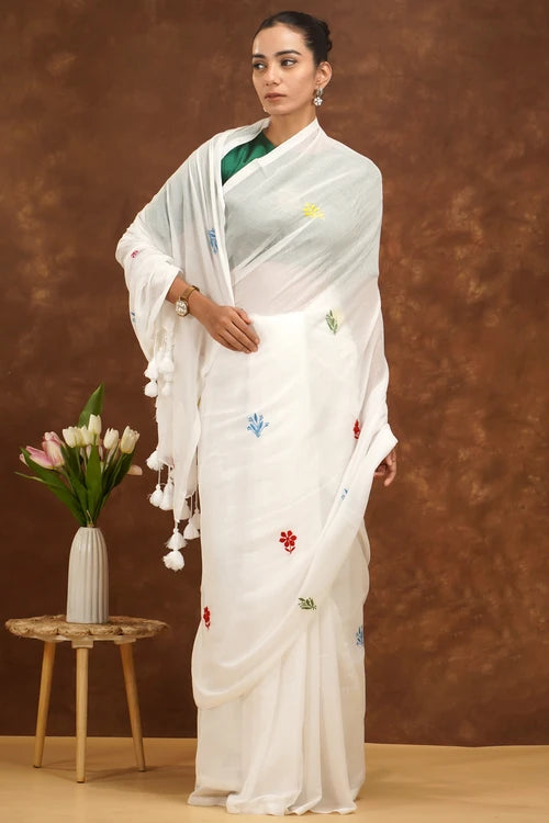 Shwet Women White Hand Embroidered Chikankari  Mulmul Saree
