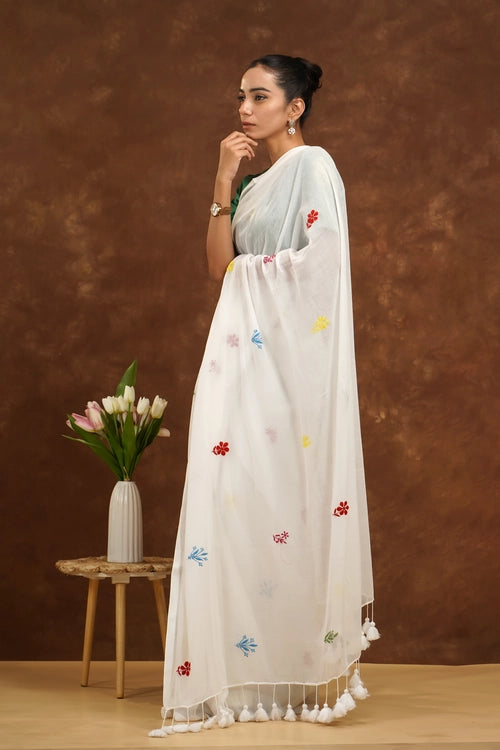 Shwet Women White Hand Embroidered Chikankari  Mulmul Saree