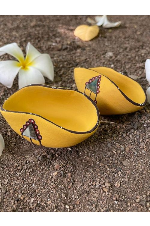 Antarang - Terracotta- Handpainted - Yellow Chapti Diya Set Of 10