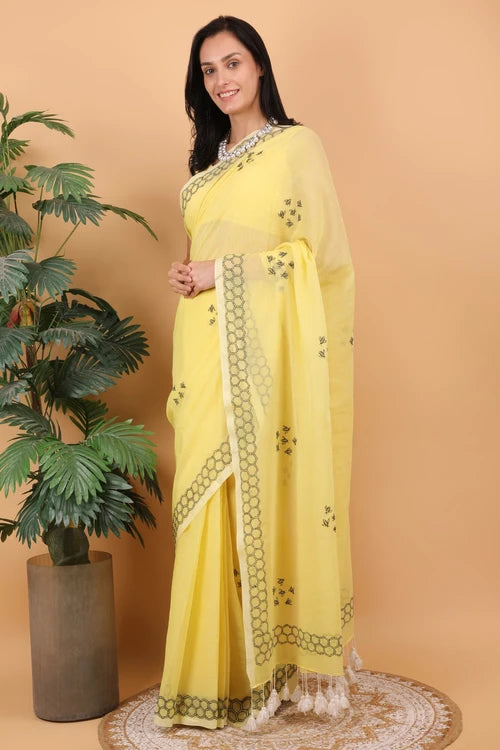 Shwet Women Yellow  Hand Embroidered Chikankari  Mulmul Saree