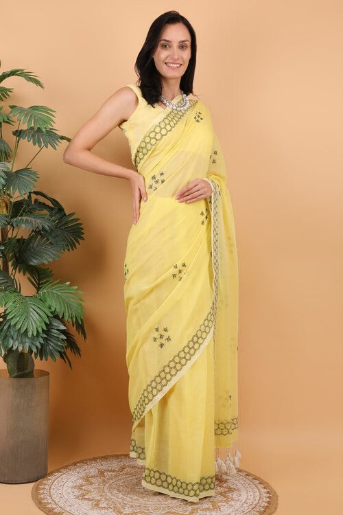 Shwet Women Yellow  Hand Embroidered Chikankari  Mulmul Saree