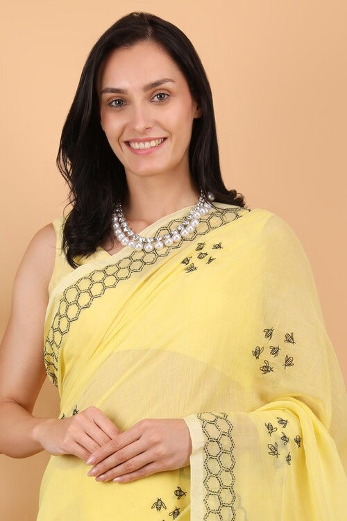 Shwet Women Yellow  Hand Embroidered Chikankari  Mulmul Saree
