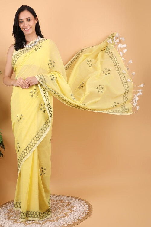 Shwet Women Yellow  Hand Embroidered Chikankari  Mulmul Saree