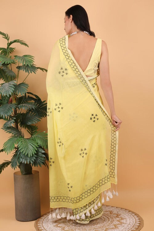 Shwet Women Yellow  Hand Embroidered Chikankari  Mulmul Saree
